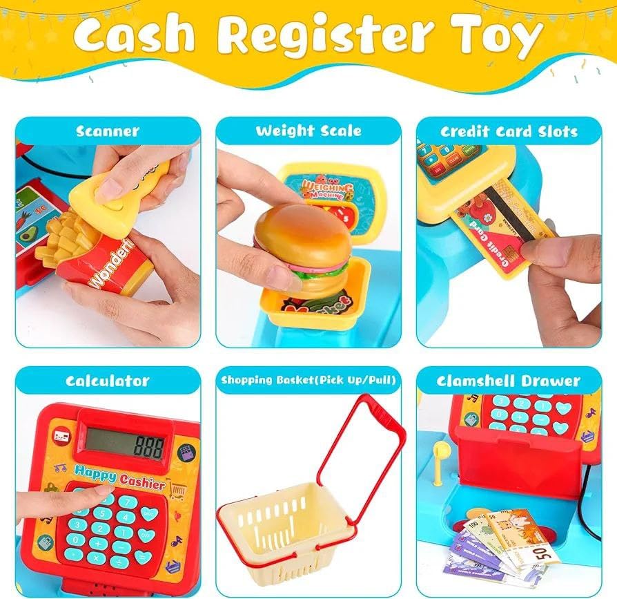 PASCOL Cash Register Toys with Shopping Cart Scanner Supermarket Cash Register with Calculator,Scanner,Credit Card Role Playing Toy Pour Boys Girls
