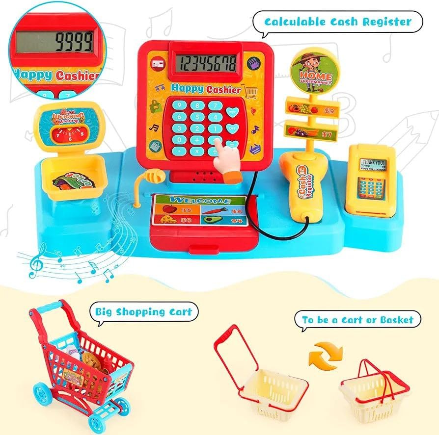 PASCOL Cash Register Toys with Shopping Cart Scanner Supermarket Cash Register with Calculator,Scanner,Credit Card Role Playing Toy Pour Boys Girls