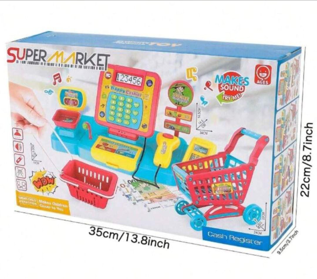 PASCOL Cash Register Toys with Shopping Cart Scanner Supermarket Cash Register with Calculator,Scanner,Credit Card Role Playing Toy Pour Boys Girls