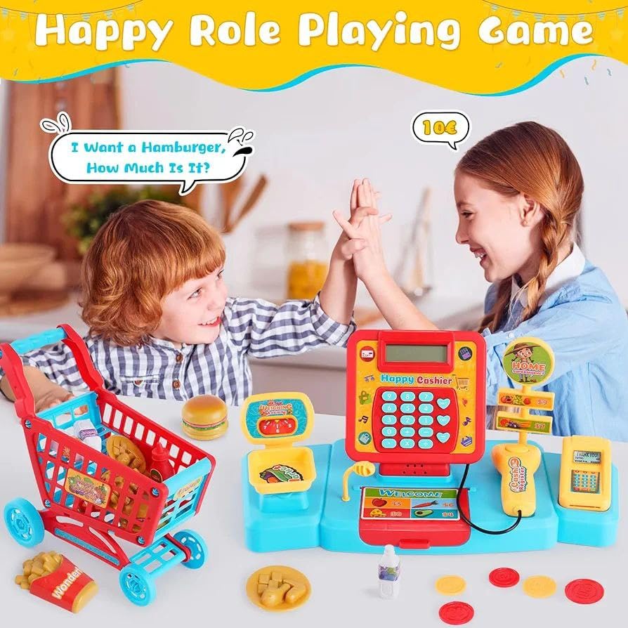 PASCOL Cash Register Toys with Shopping Cart Scanner Supermarket Cash Register with Calculator,Scanner,Credit Card Role Playing Toy Pour Boys Girls