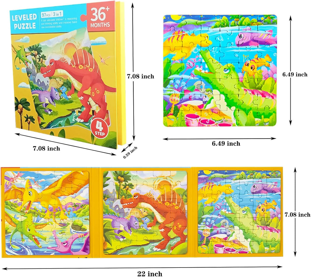 Magnetic Puzzles for Kids Ages 3-5, 3 in 1 Dinosaur Jigsaw Puzzle Book Kids Travel Puzzles Toys Preschool Learning Toy for Kids 3-8 Year