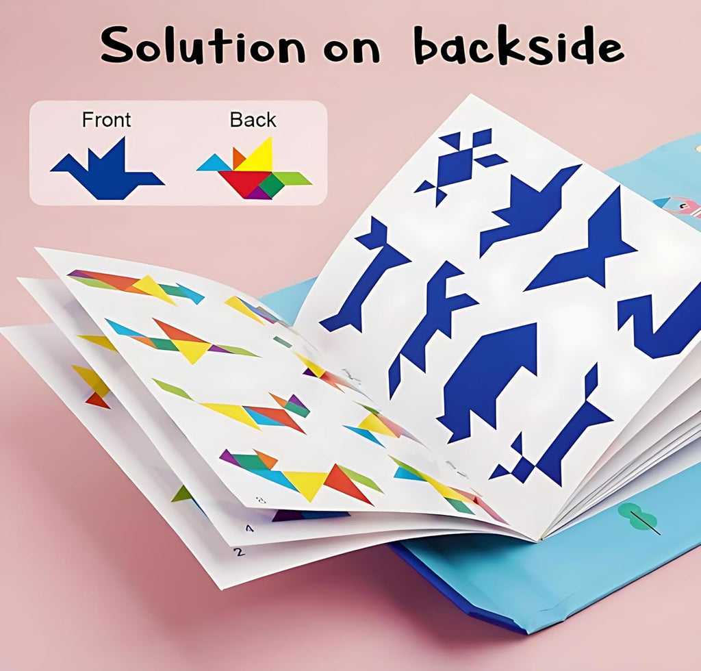 Twinkle & Shine Wooden Tangram with Magnetic Puzzle Book | Jigsaw Shapes with Solution Challenge IQ for Kids to Adults | Educational Toy | Gift for Boys Girls Kids from 3 Years & Above