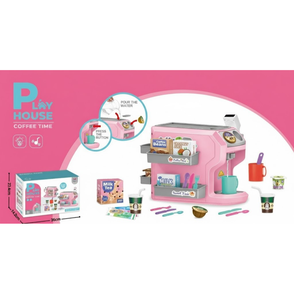 Pink Kids Coffee Machine Playset With Play Food And Supermarket Ordering Toy (XJ583)