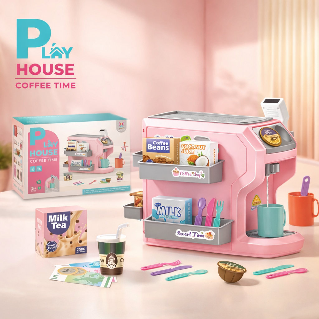 Pink Kids Coffee Machine Playset With Play Food And Supermarket Ordering Toy (XJ583)