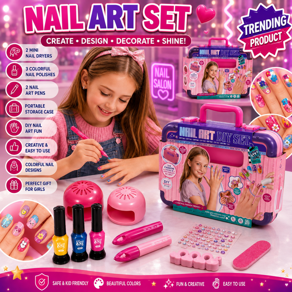 Nail Art Set - Kids Nail Art DIY Set with Electric Nail Dryer – Nail Polish, Nail File & Manicure Accessories in Portable Storage Case | Trending Nail Art Toy
