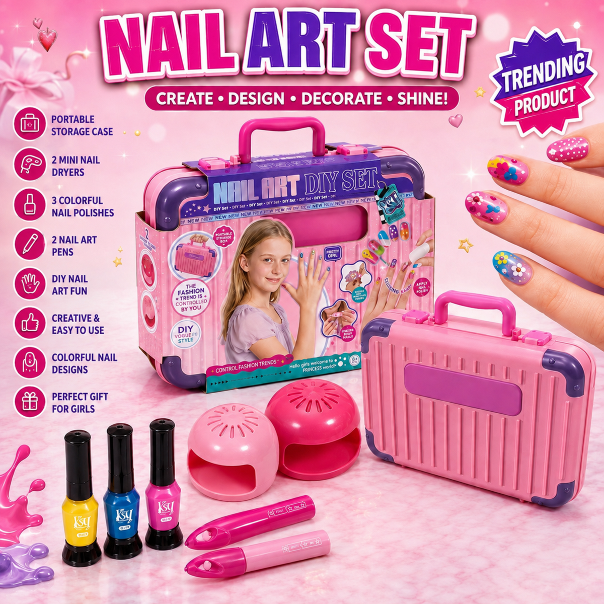 Nail Art Set - Kids Nail Art DIY Set with Electric Nail Dryer – Nail Polish, Nail File & Manicure Accessories in Portable Storage Case | Trending Nail Art Toy