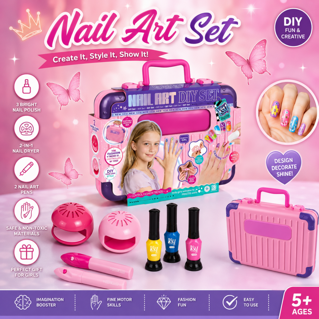 Nail Art Set - Kids Nail Art DIY Set with Electric Nail Dryer – Nail Polish, Nail File & Manicure Accessories in Portable Storage Case | Trending Nail Art Toy
