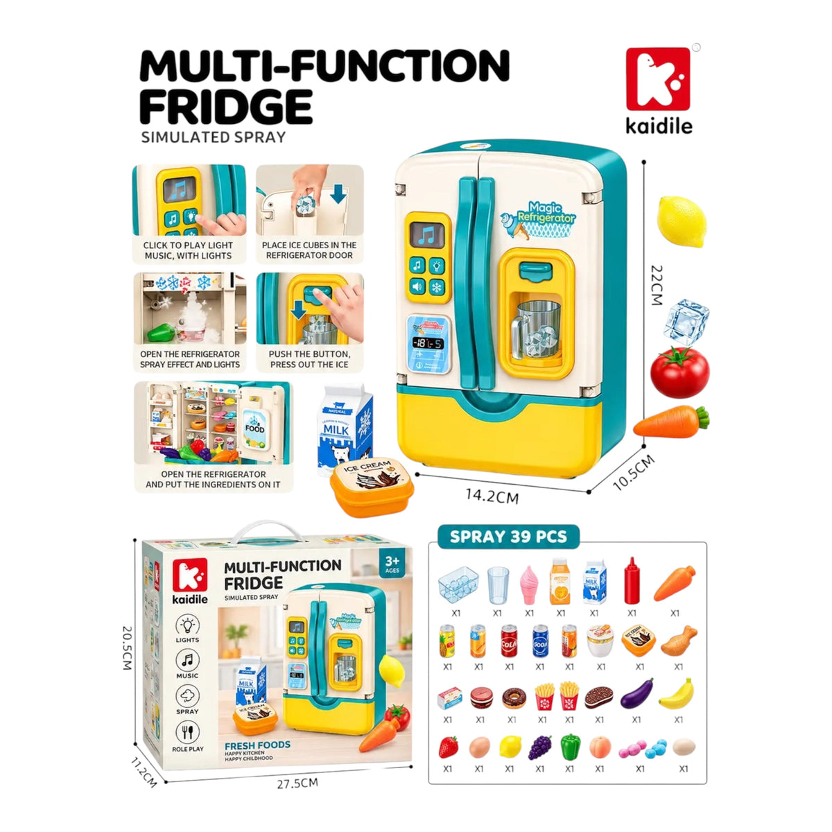multi-function kids toy refrigerator with simulated spray, light, and music