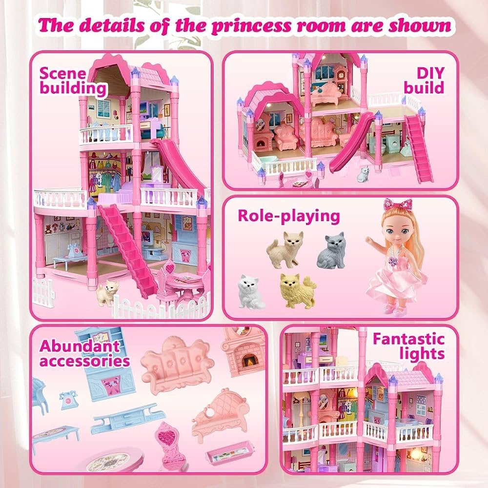 story pink "Villa" DIY kids dollhouse playset