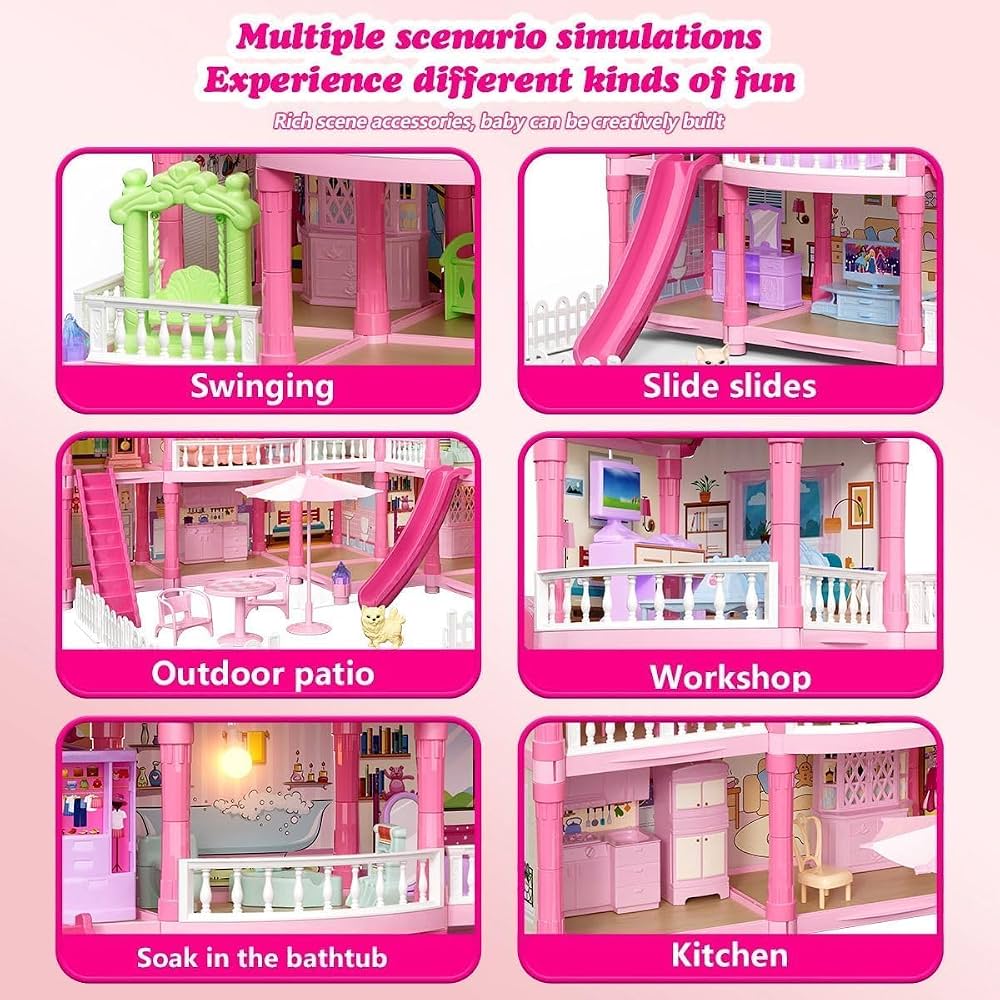 story pink "Villa" DIY kids dollhouse playset