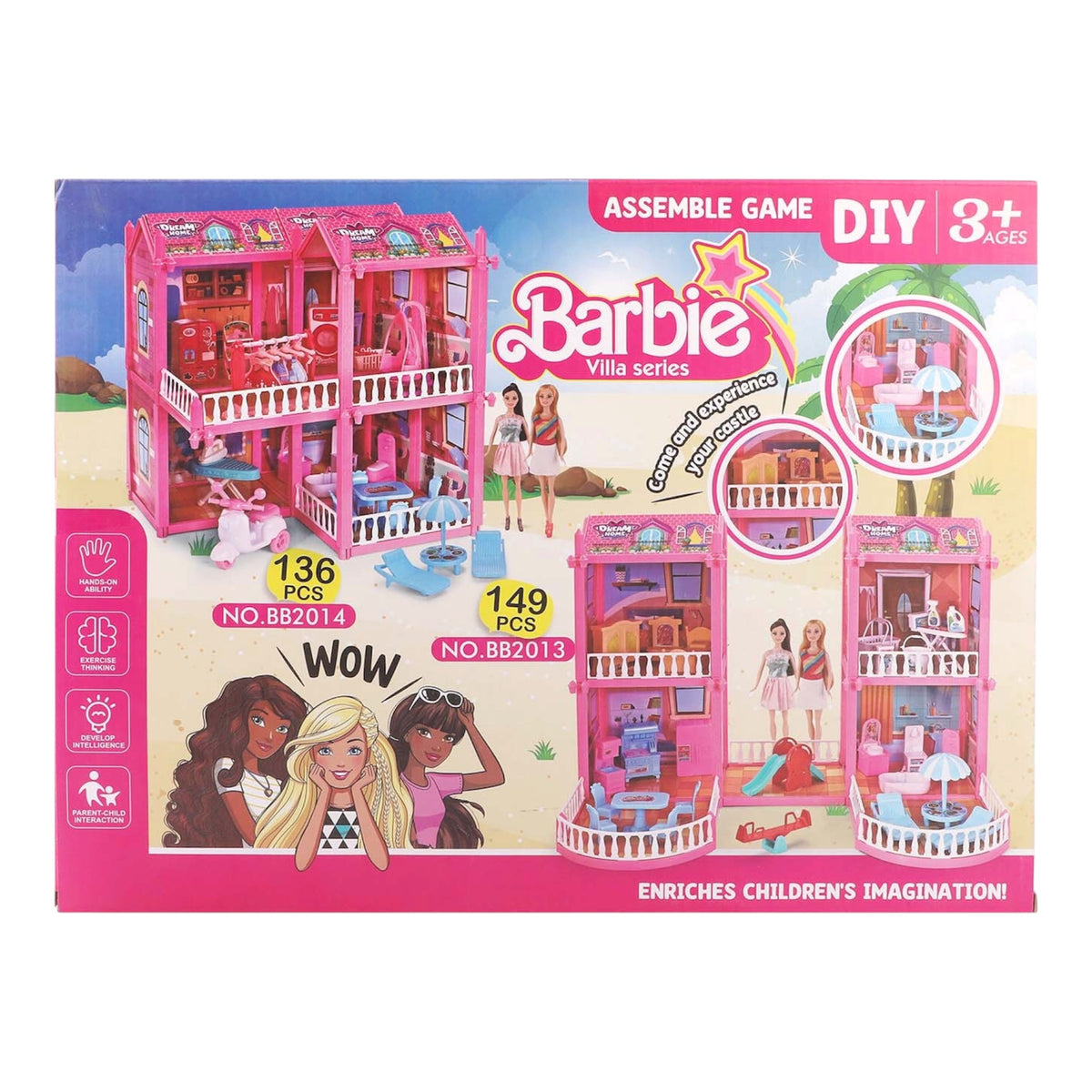 Pink Barbie Villa DIY assemble dollhouse set 136–149 pieces