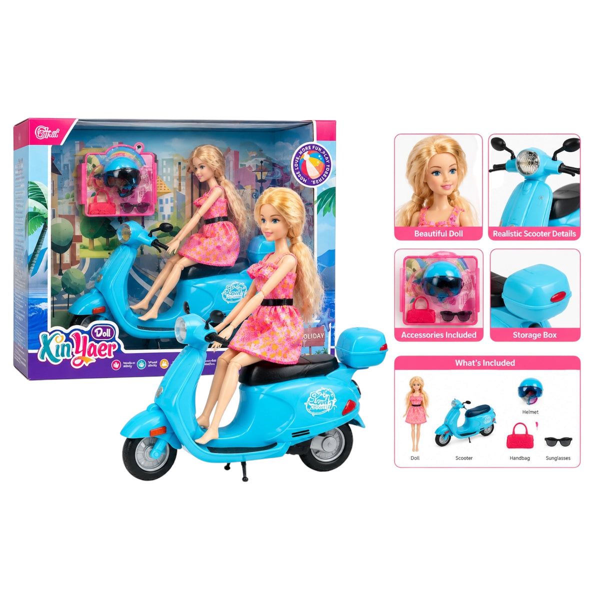 Kin-Yaer fashion doll and blue scooter play set packaged with a matching helmet and accessories