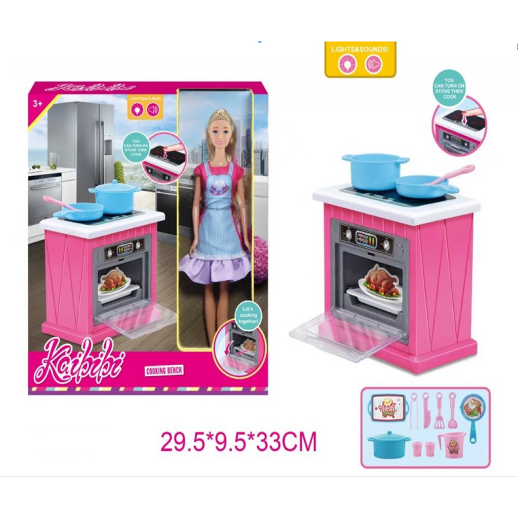 Kaibibi / fashion cook 11.5-inch doll and pink cooking bench playset with light and sound effects.