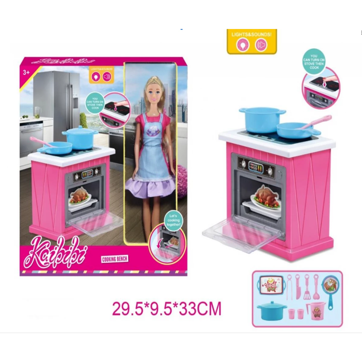 Kaibibi / fashion cook 11.5-inch doll and pink cooking bench playset with light and sound effects.