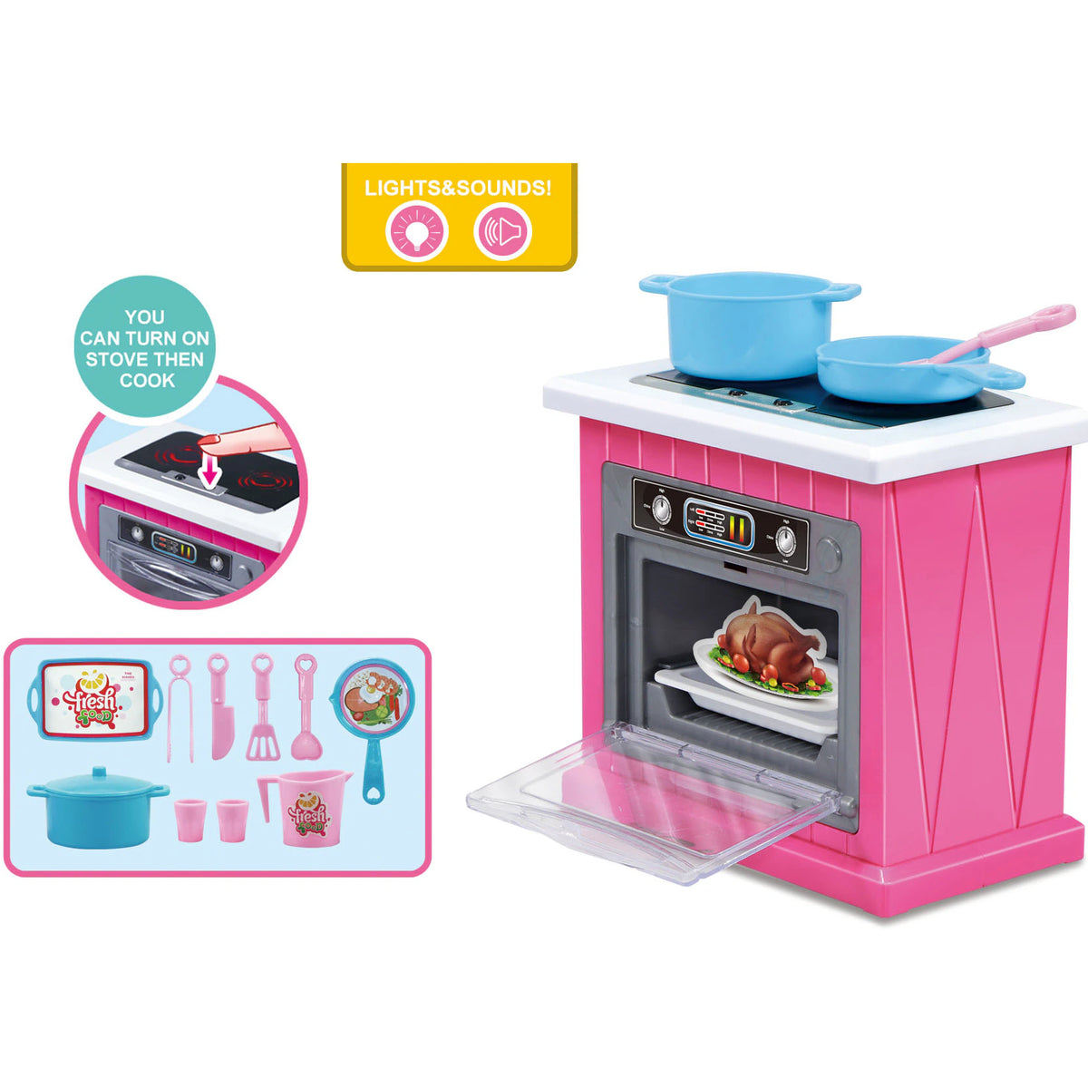 Kaibibi / fashion cook 11.5-inch doll and pink cooking bench playset with light and sound effects.