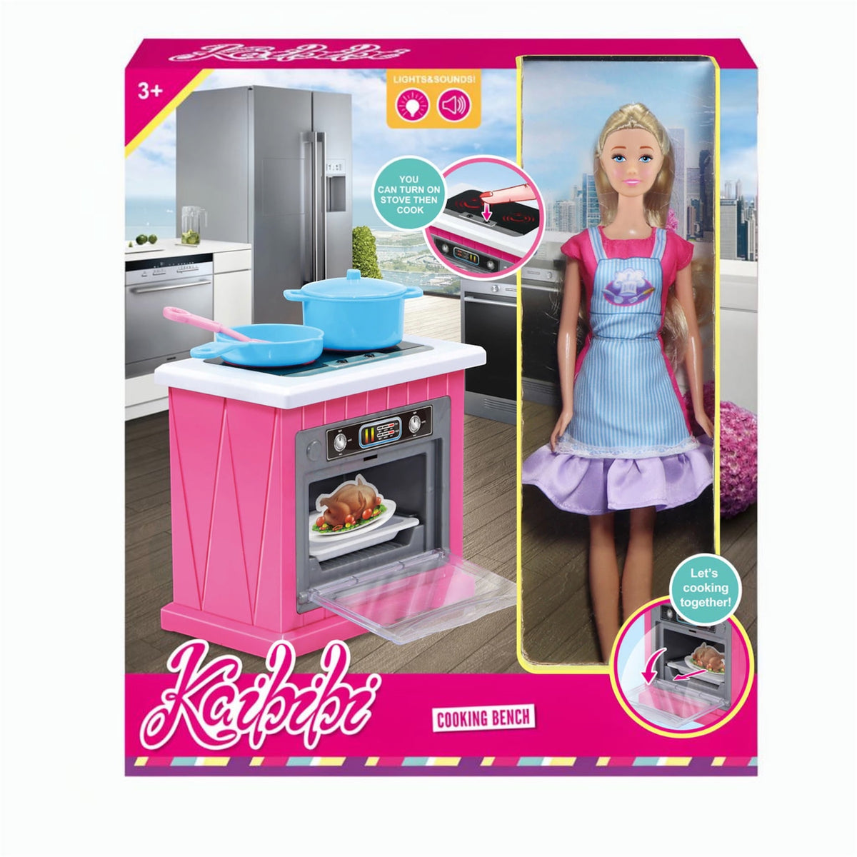 Kaibibi / fashion cook 11.5-inch doll and pink cooking bench playset with light and sound effects.