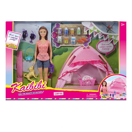 Kaibibi fashion doll camping playset with a pink tent, mini dog figure, and camping accessories.