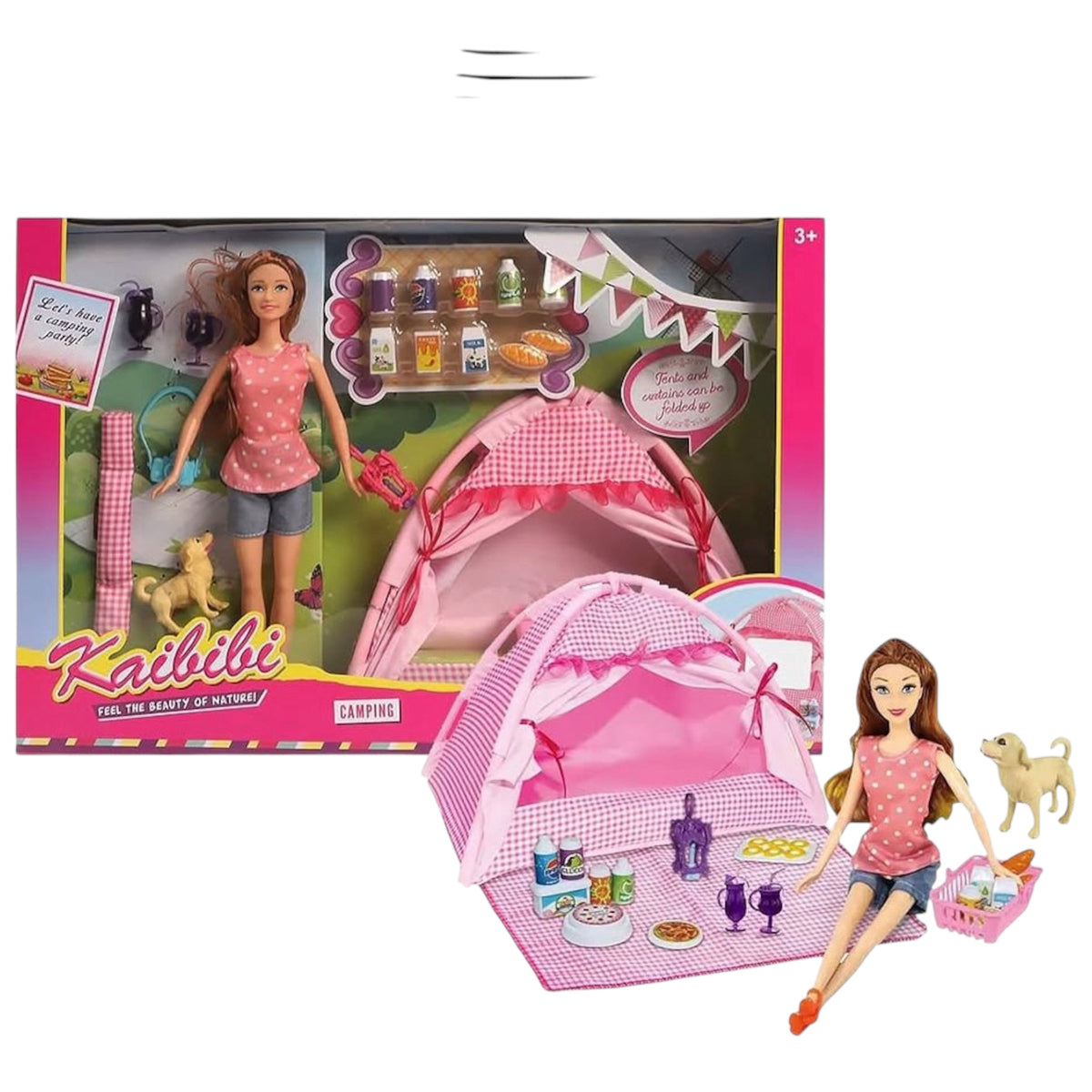 Kaibibi fashion doll camping playset with a pink tent, mini dog figure, and camping accessories.