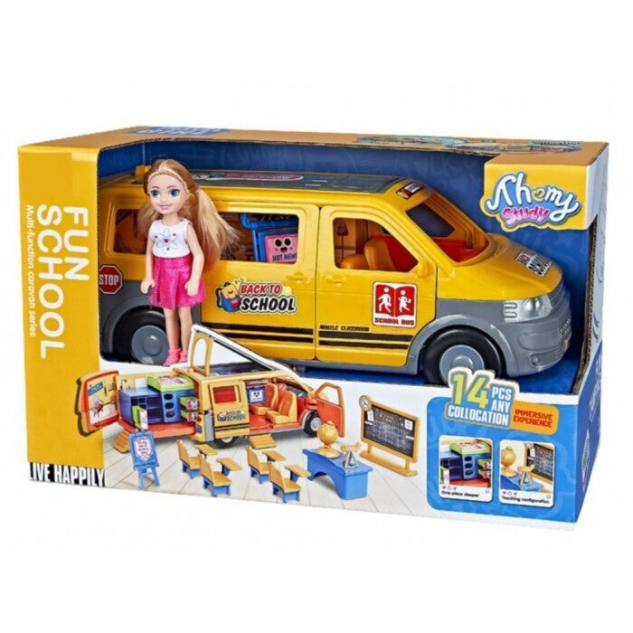 Fun School multi-function school bus and convertible playset with a doll and accessories