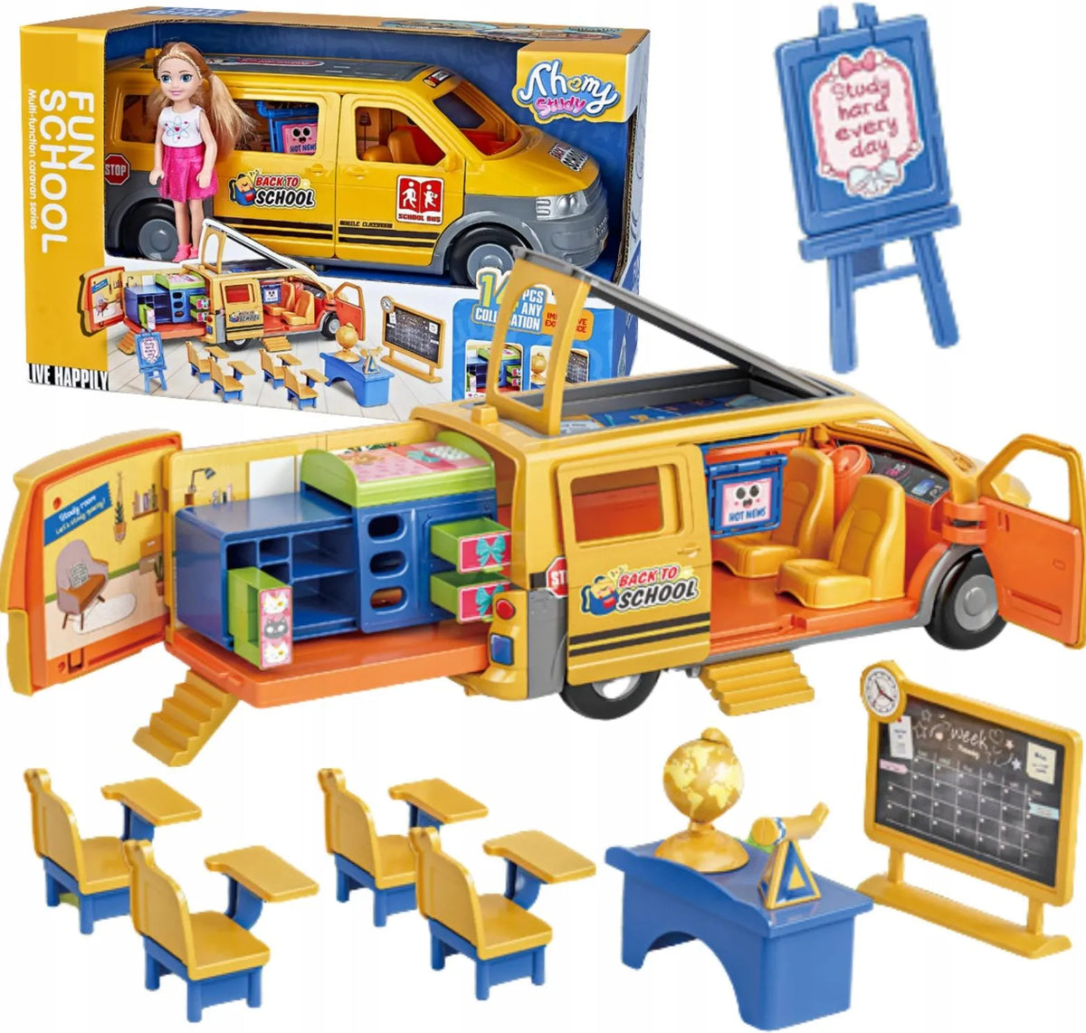 Fun School multi-function school bus and convertible playset with a doll and accessories