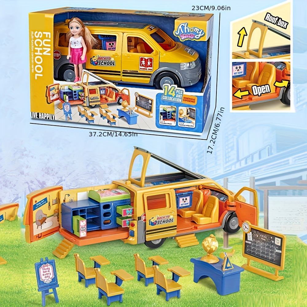 Fun School multi-function school bus and convertible playset with a doll and accessories