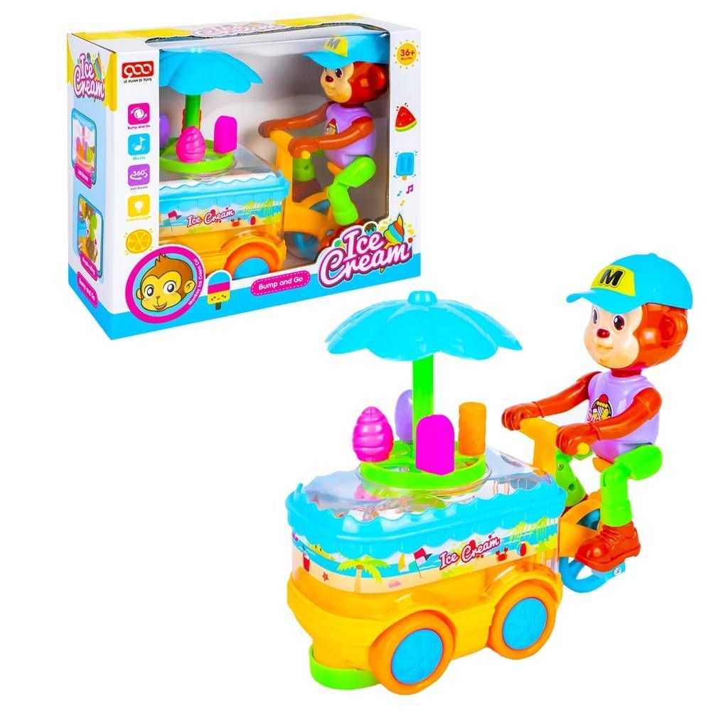 Monkey Ice Cream Cart Toy Bump and Go with Music and Lights