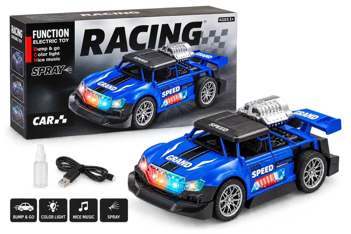 Electric Spray Racing Car – Bump & Go with Lights & Music