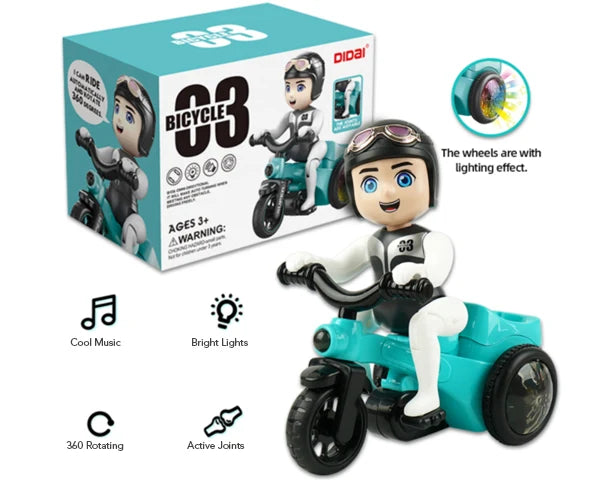 Bicycle 03 360-Degree Rotating Electric Stunt Tricycle Toy box featuring a cartoon rider on a teal-colored tricycle.