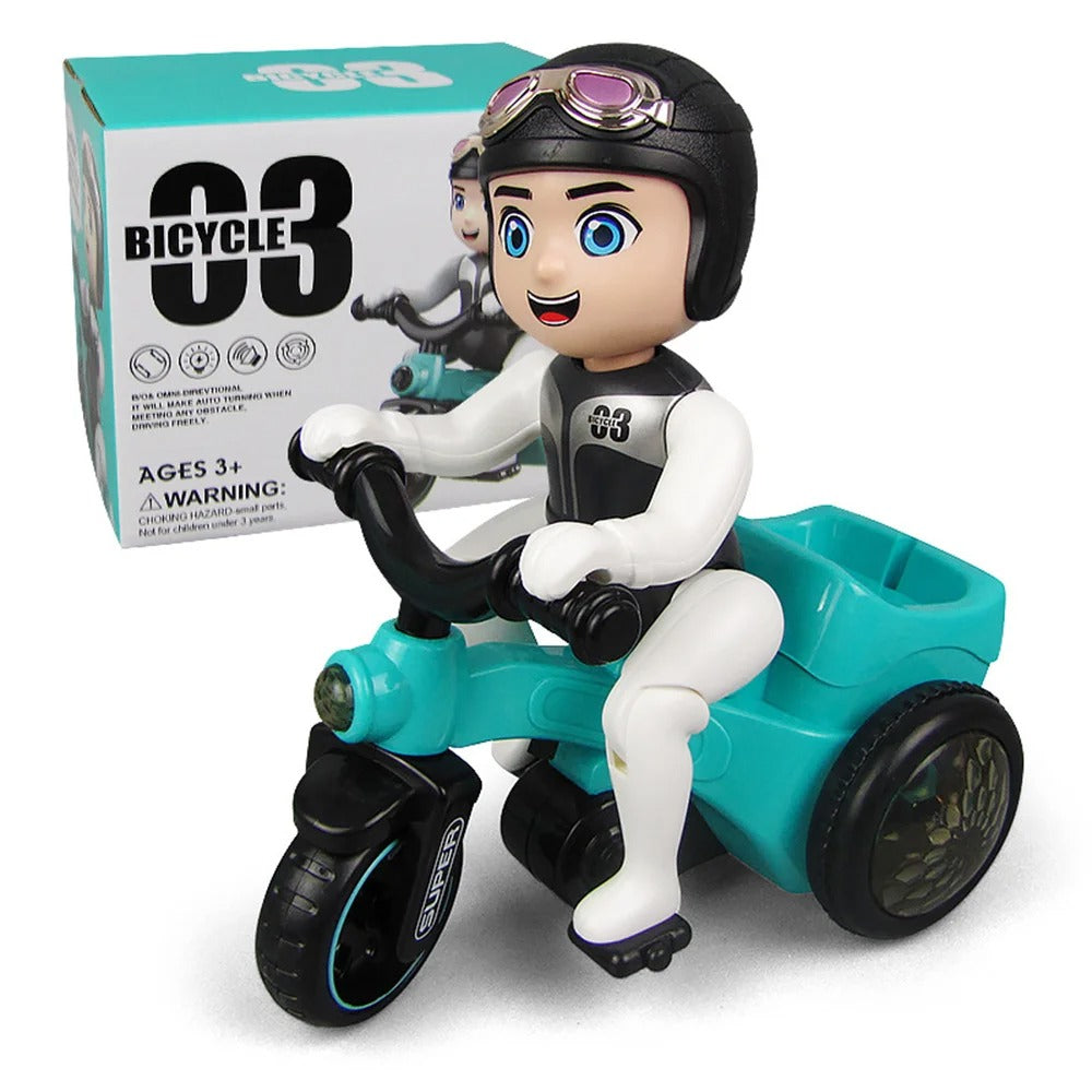 Bicycle 03 360-Degree Rotating Electric Stunt Tricycle Toy box featuring a cartoon rider on a teal-colored tricycle.