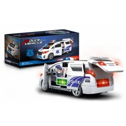 360-degree rotating police car toy featuring a universal carousel drive, working lights, music, and opening doors.
