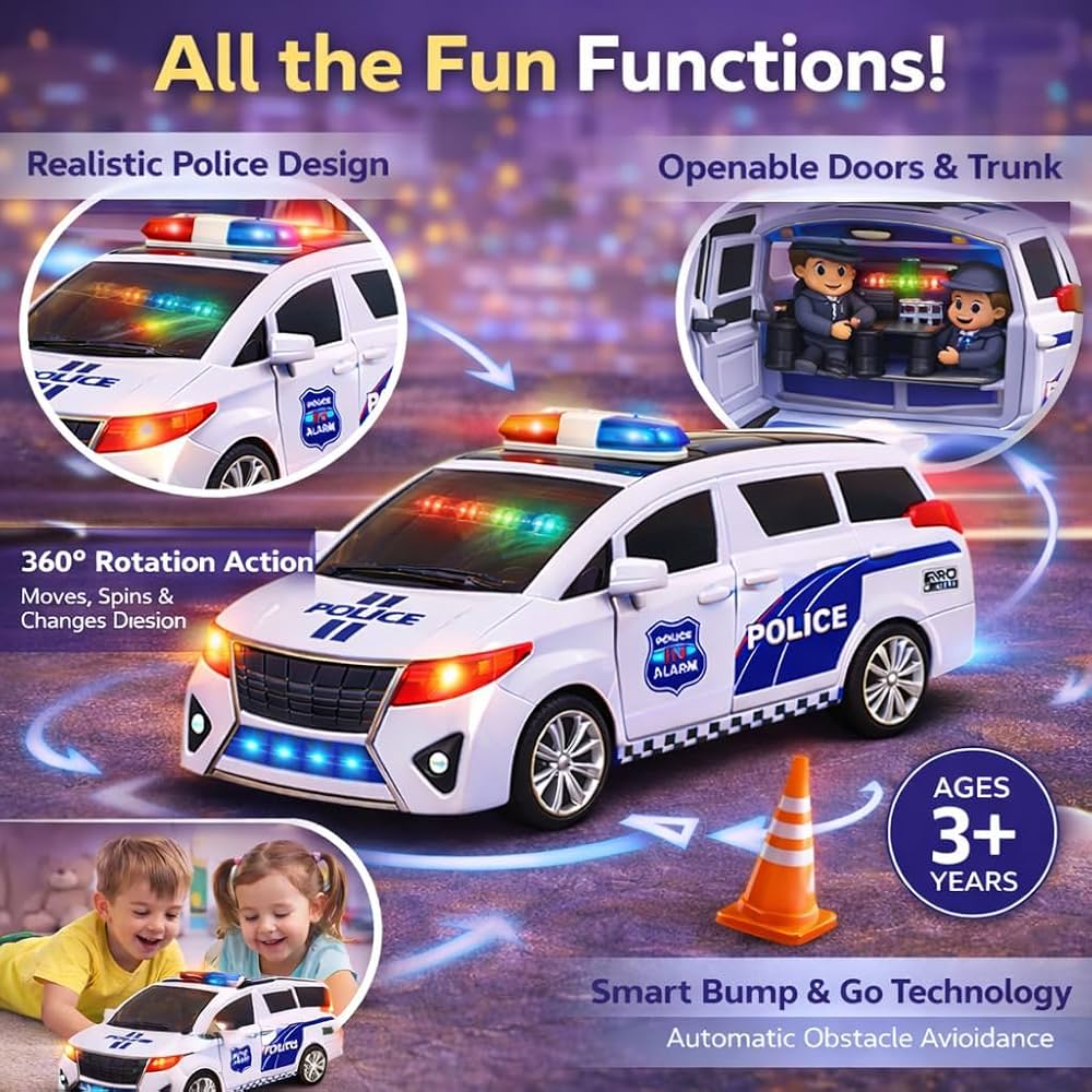 360-degree rotating police car toy featuring a universal carousel drive, working lights, music, and opening doors.