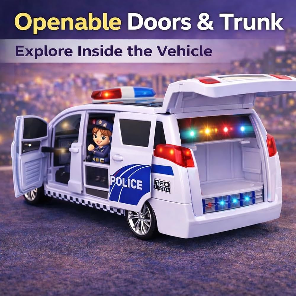 360-degree rotating police car toy featuring a universal carousel drive, working lights, music, and opening doors.