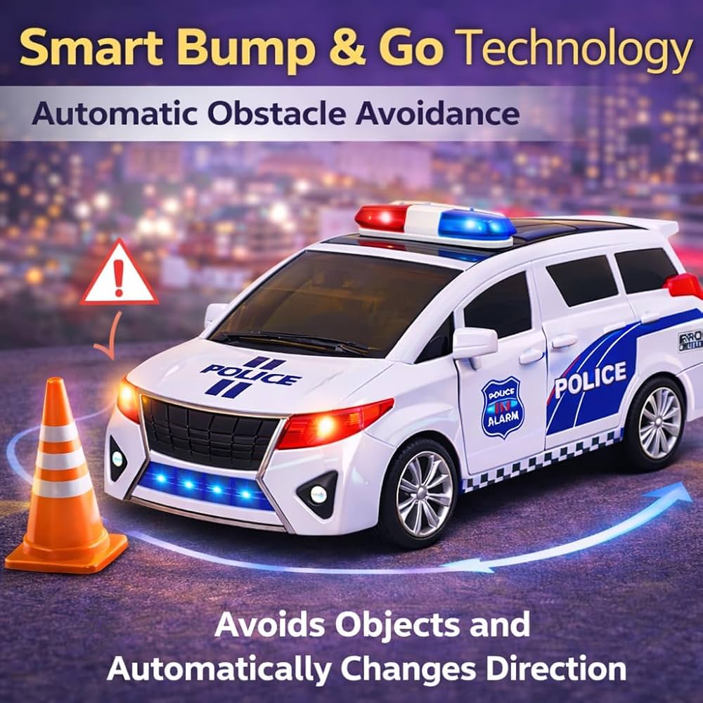 360-degree rotating police car toy featuring a universal carousel drive, working lights, music, and opening doors.