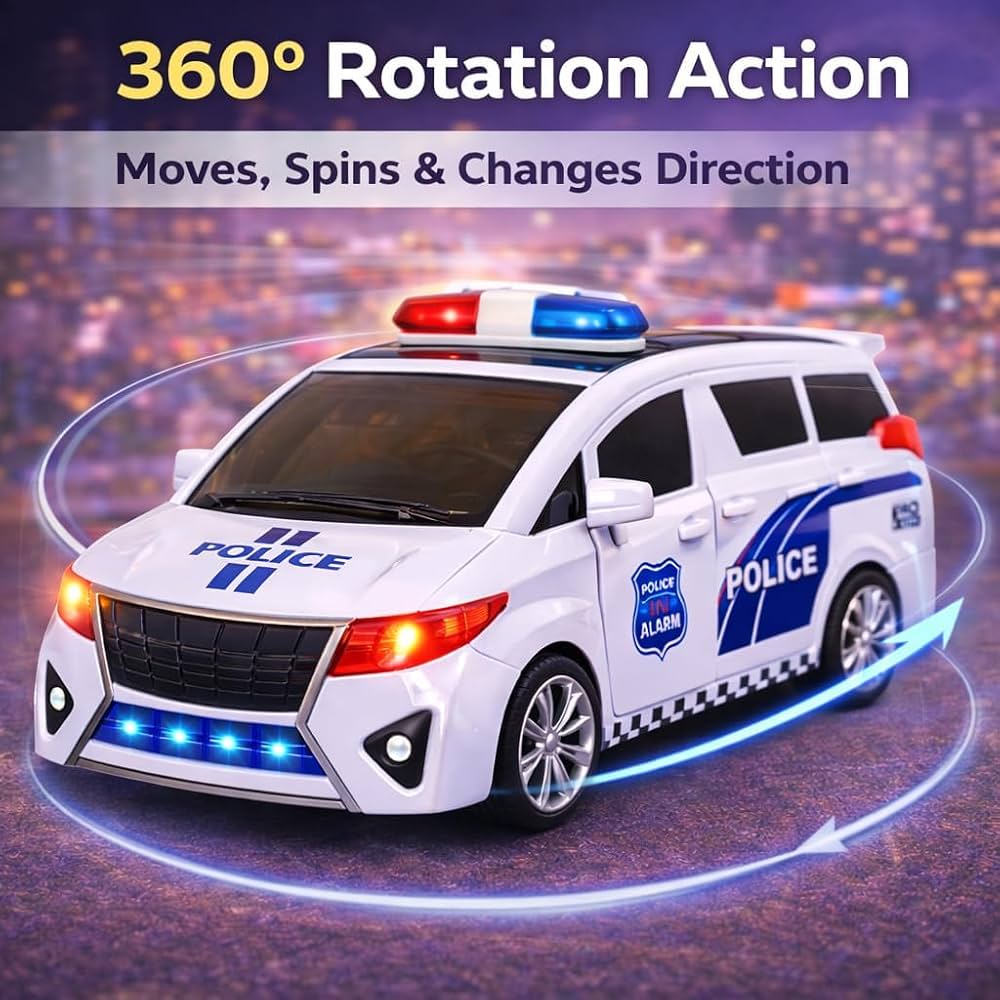 360-degree rotating police car toy featuring a universal carousel drive, working lights, music, and opening doors.