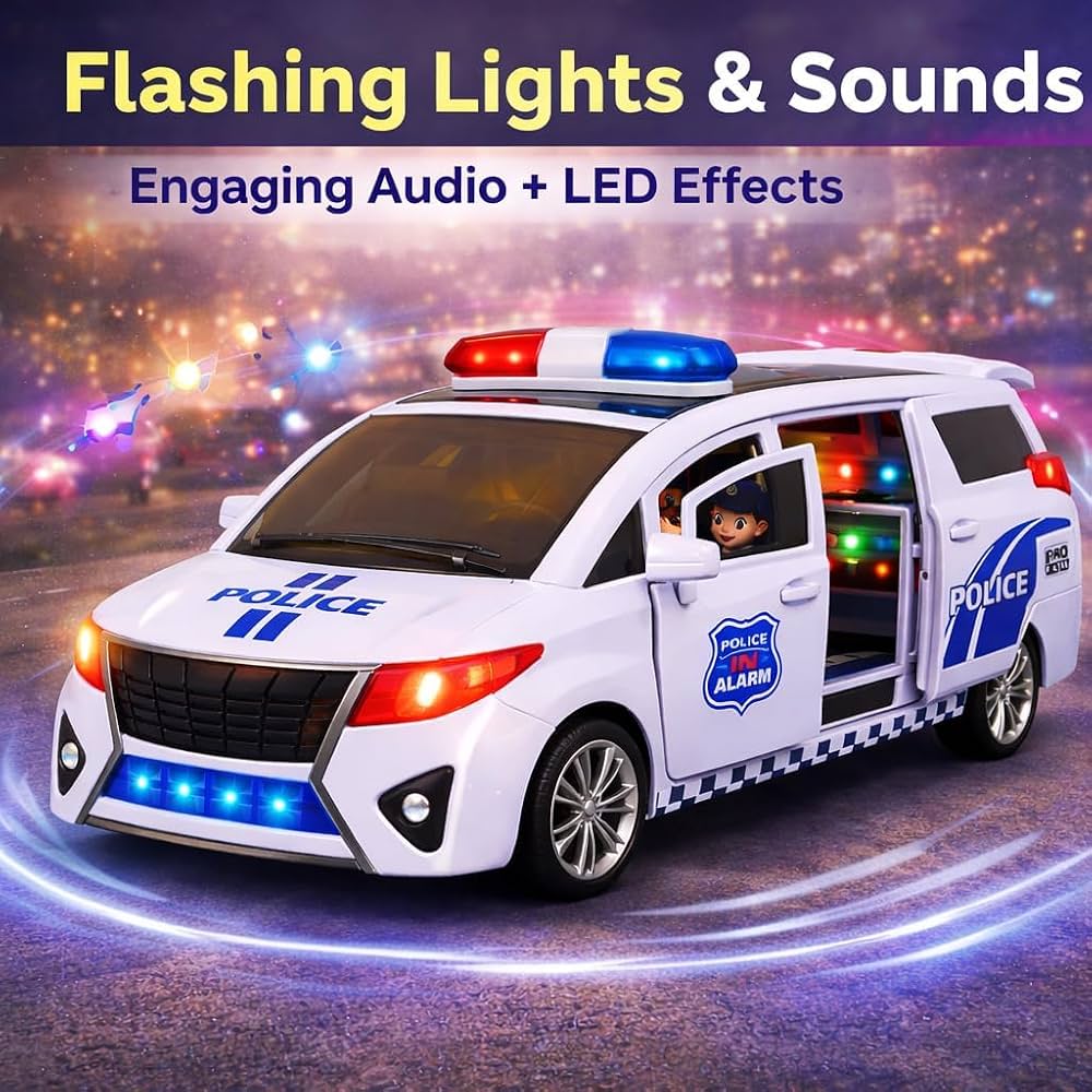 360-degree rotating police car toy featuring a universal carousel drive, working lights, music, and opening doors.