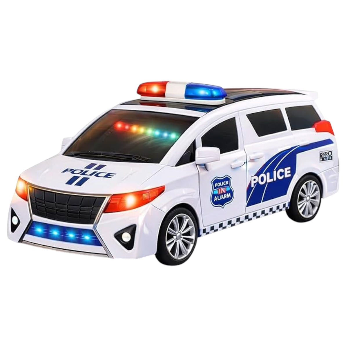 360-degree rotating police car toy featuring a universal carousel drive, working lights, music, and opening doors.