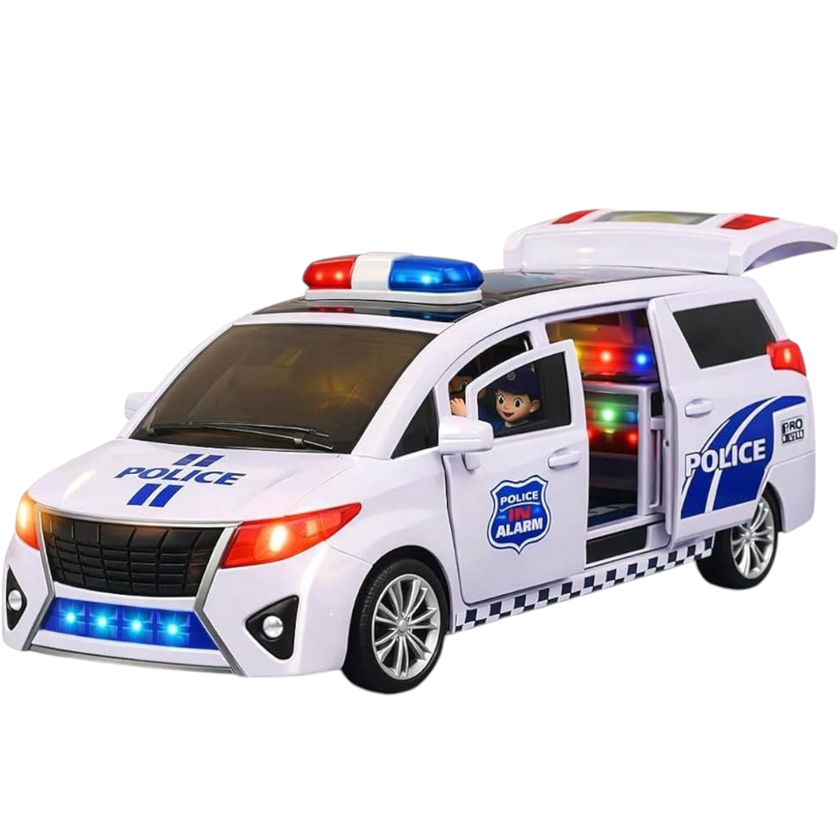 360-degree rotating police car toy featuring a universal carousel drive, working lights, music, and opening doors.
