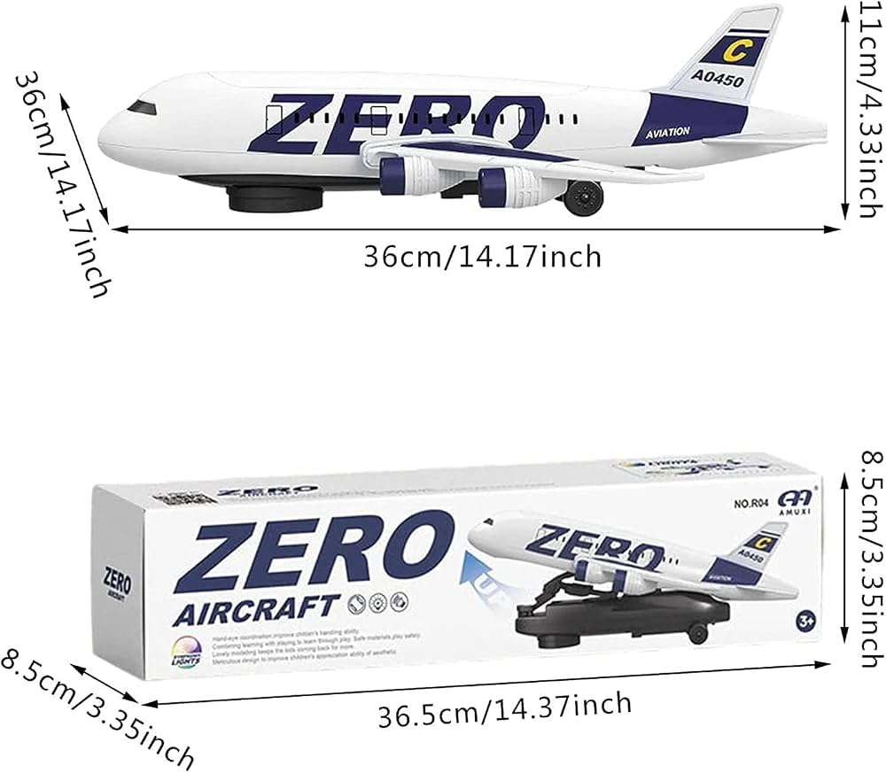 Zero Aircraft, a battery-operated toy airplane featuring 360-degree rotation, LED lights, and sound effects.