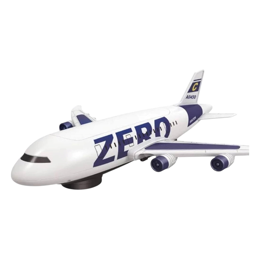 Zero Aircraft, a battery-operated toy airplane featuring 360-degree rotation, LED lights, and sound effects.