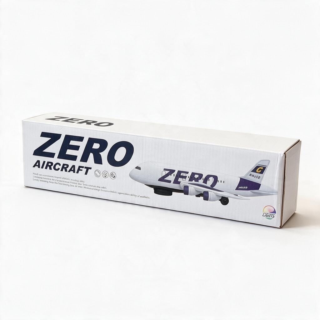 Zero Aircraft, a battery-operated toy airplane featuring 360-degree rotation, LED lights, and sound effects.