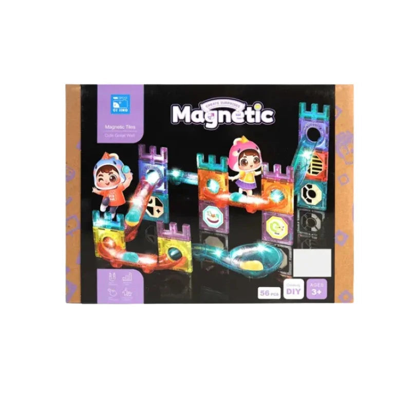 Magnetic Tiles Construction Play with Glowing Light 56 Pcs – Cute Great Walls Set Toy For Kids