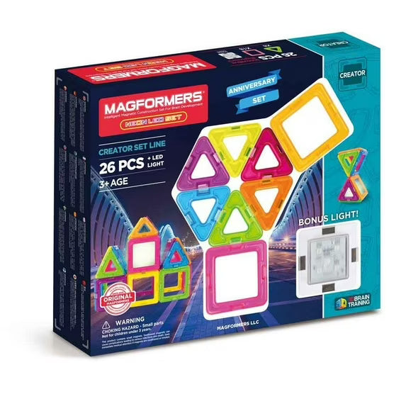MAGFORMERS Neon (26 Piece) + Bonus Light Building Set, Rainbow