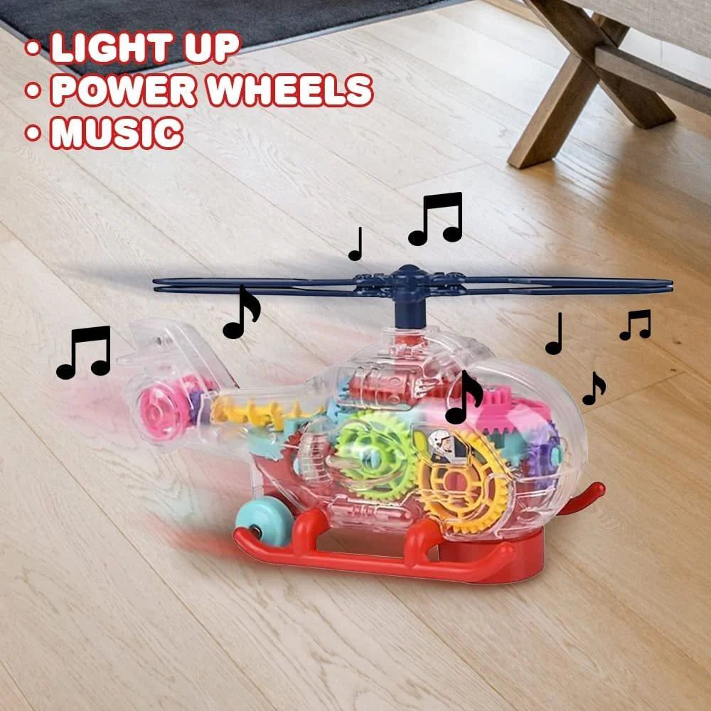 Light Up Transparent Toy Helicopter for Kids, 1PC, Bump and Go Toy Car with Colorful Moving Gears, Music, and LED Effects, Fun Educational Toy for Kids, Great Birthday Gift Idea